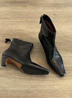 Dannyfrey新款英伦风复古真皮中跟瘦瘦短靴粗跟弹力女靴百搭单靴