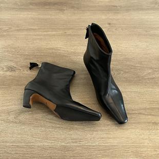 Dannyfrey新款 英伦风复古真皮中跟瘦瘦短靴粗跟弹力女靴百搭单靴