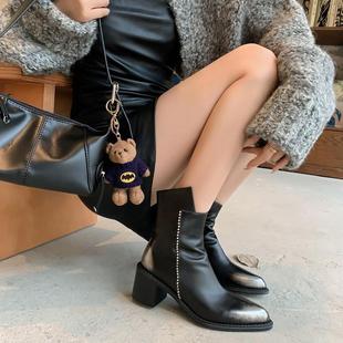 WLi手工鞋 履小众设计感擦色粗高跟切尔西短靴尖头真皮淑女瘦瘦靴