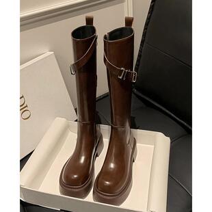 Two shoes ~ 真牛皮@棕色长靴女平底靴子中跟长筒靴厚底骑士靴