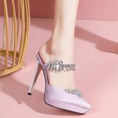 尖头包头走秀细跟女鞋 真皮高跟鞋 女2025春夏新款 防水台水钻凉拖鞋