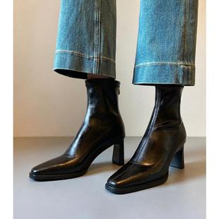 SIXWOO百搭静音跟瘦瘦靴通勤高跟短靴软皮尖头显瘦弹力靴秋冬新款