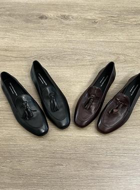 Dannyfrey软皮新款复古平底流苏一脚蹬乐福鞋女英伦中古皮鞋女