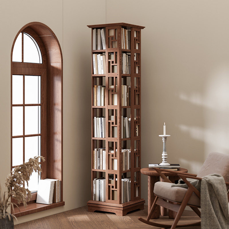 旋转书柜书架落地置物架360度实木书橱展示柜儿童新中式客厅家用