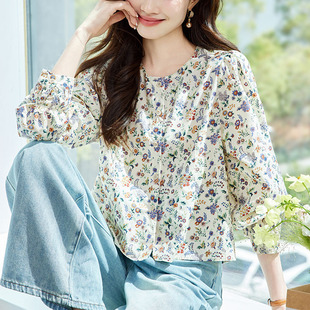 碎花衬衫女长袖2026春秋装新款田园风上衣宽松休闲圆领衬衣上衣