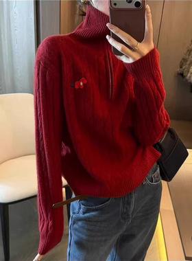 春秋刺绣麻花毛衣针织衫女宽松韩版小马拉链半开领打底衫上衣