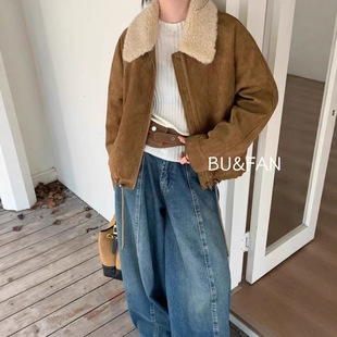 设计感羊羔毛翻领麂皮绒夹棉外套女2025秋冬新款时尚百搭短款上衣