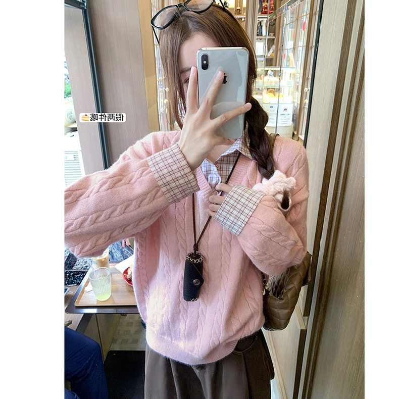 韩版拼接格子假两件设计感宽松休闲长袖毛衣新款麻花针织衫