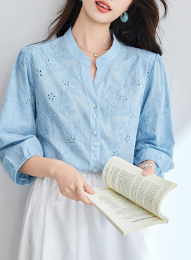 V领绣花镂空七分袖衬衫女早春夏秋新款纯棉气质简约上衣纯棉衬衣