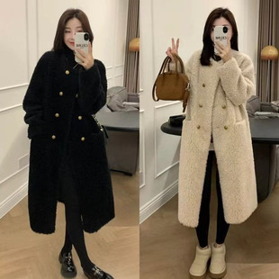 皮毛一体双排扣羊羔毛外套女秋冬慵懒风加厚中长款摇粒绒棉服