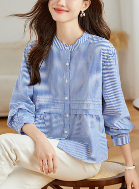 设计感褶皱圆领条纹长袖衬衫女2026春秋装新款宽松显瘦上衣衬衣