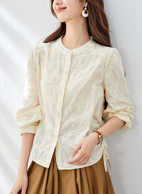 圆领绣花衬衫女长袖春夏秋装新款刺绣上衣气质淑女纯棉衬衣