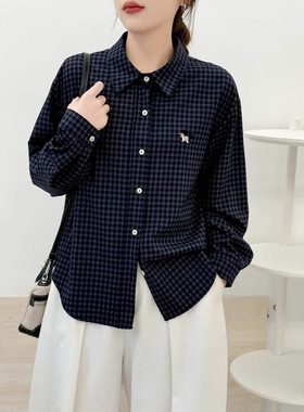 韩系复古翻领格子衬衫女2026春秋新款刺绣时尚休闲百搭上衣开衫潮
