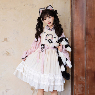 汉尚华莲改良明制交领汉服女[奶牛小猫]国风刺绣汉洋折衷罩裙套装