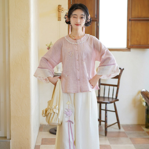 汉尚华莲天丝粉色刺绣圆领上衣[燕语双双]阔腿裤长裤汉服日常通勤