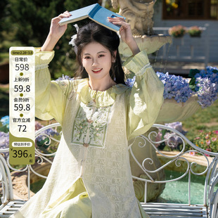 汉尚华莲[小裙仙]原创汉服女长袖连衣裙蕾丝长比甲日常套装春秋