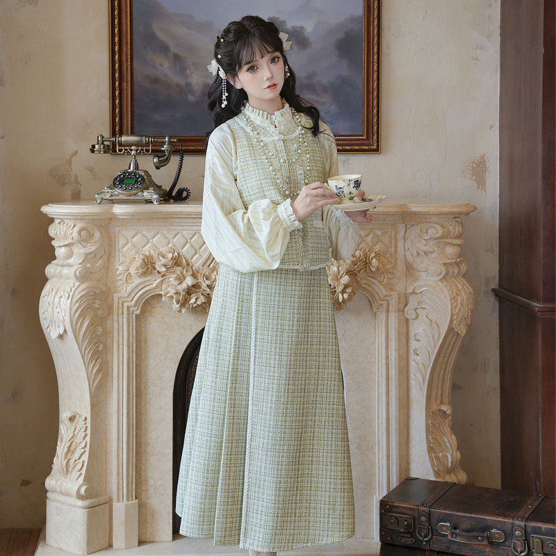 汉尚华莲明制汉服女小香风粗花呢[青苔]改良对襟衫比甲半身裙春秋,女装/女士精品,汉服上装,淘宝优惠券,粉丝福利购,淘宝优惠卷