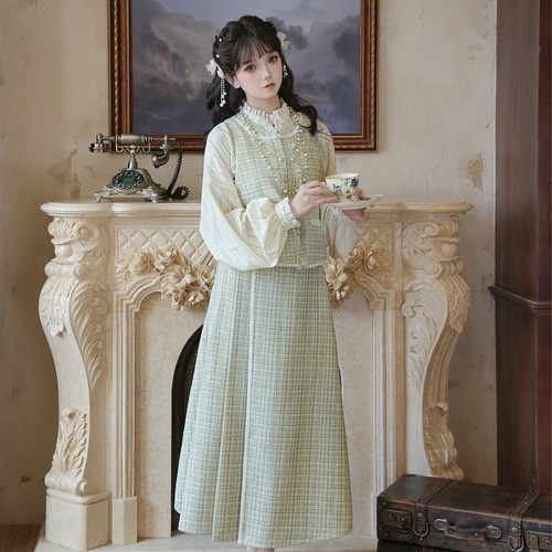 汉尚华莲明制汉服女小香风粗花呢[青苔]改良对襟衫比甲半身裙春秋