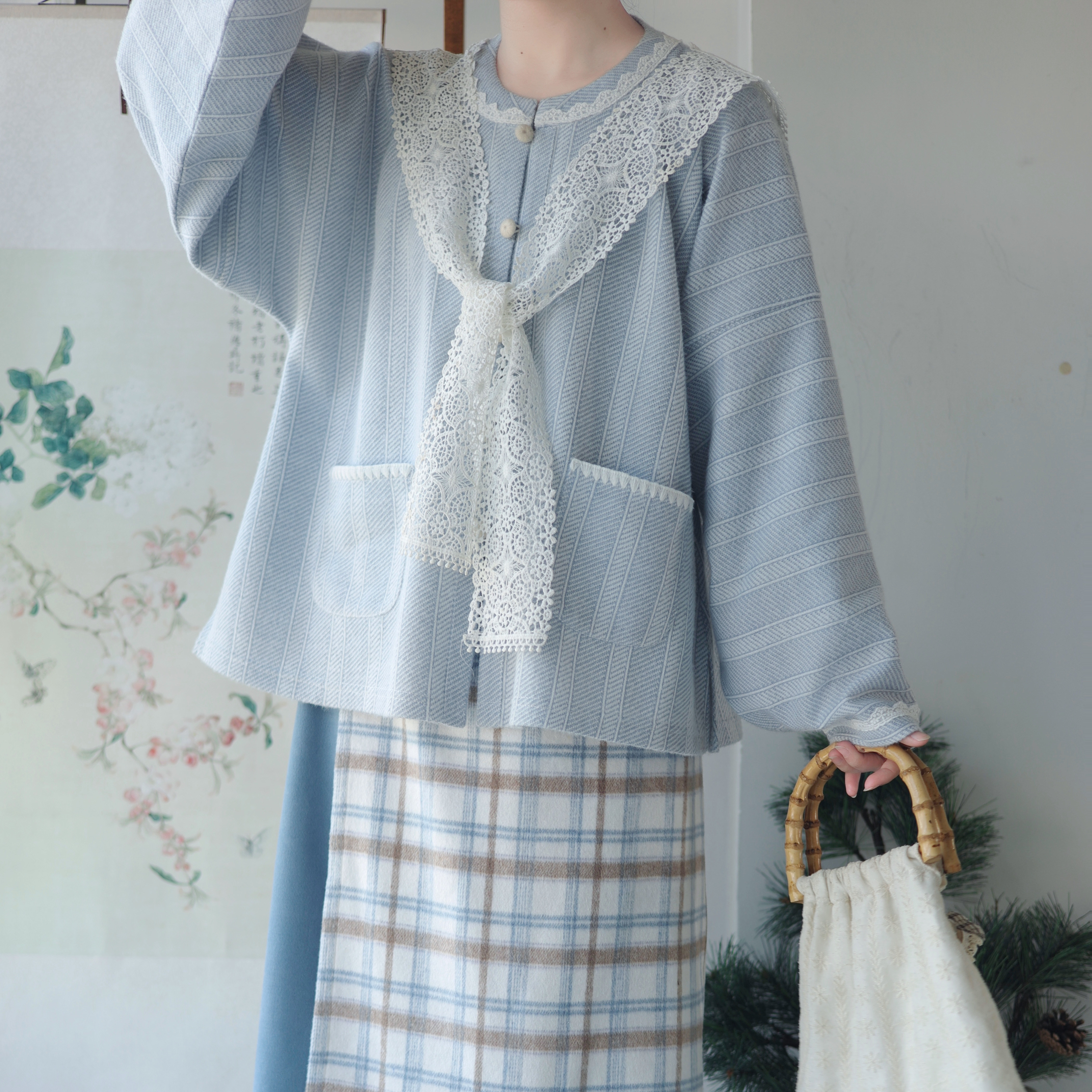 汉尚华莲明制汉服女针织圆领衫[粉果蓝莓格调]格纹半裙套装日常春图片
