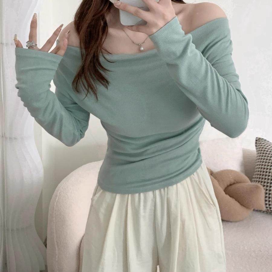 露肩性感荡领长袖t恤女甜辣妹设计感褶皱收腰修身早秋一字肩上衣