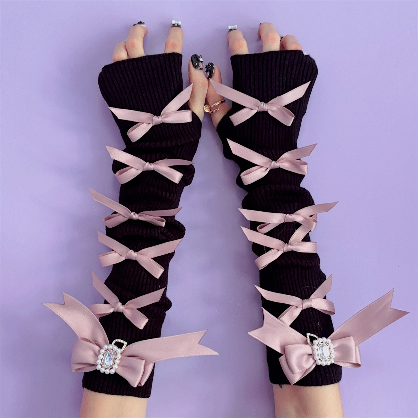 日系蕾蕾风蝴蝶结针织甜美防晒少女原宿亚比文化cos小众女手袖套