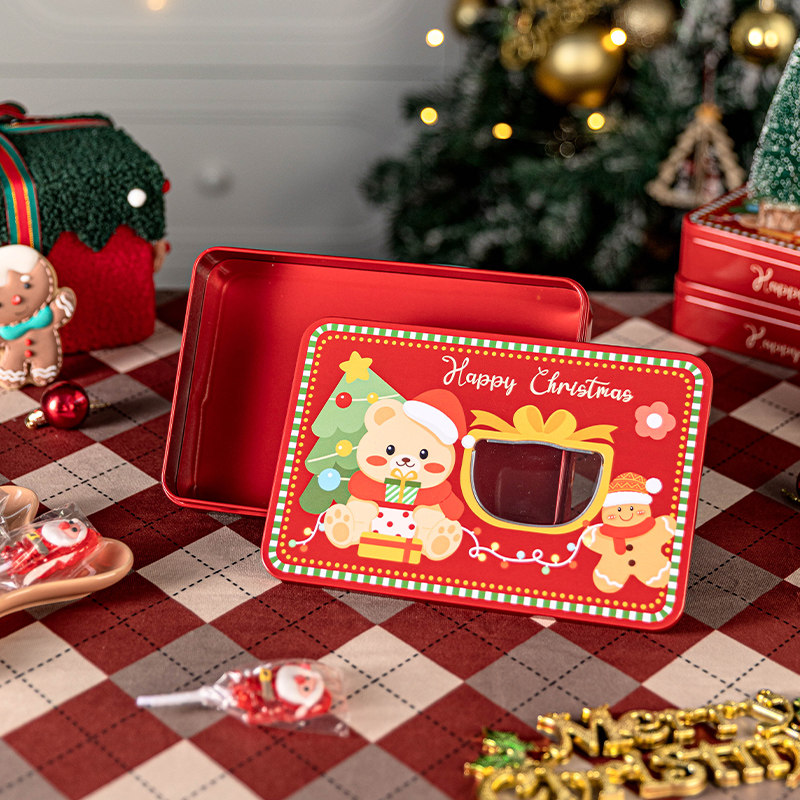 新款圣诞长方形马口铁盒卡通糖果烘焙曲奇饼干牛轧雪花酥糕点储存