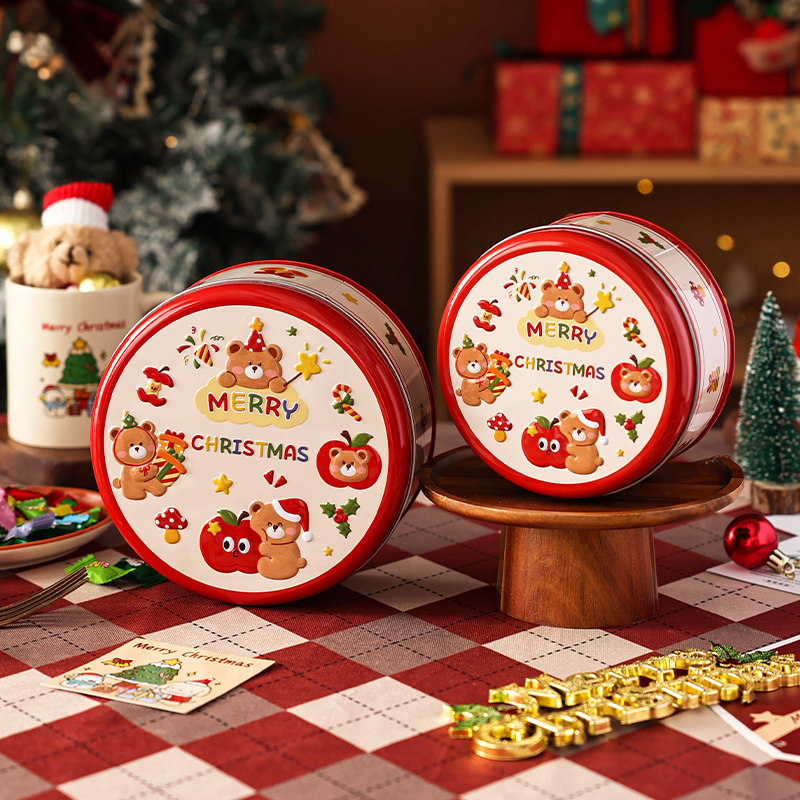 圣诞礼盒空马口铁罐子小熊卡通可爱密食品级封糖果收纳物圆形浮雕
