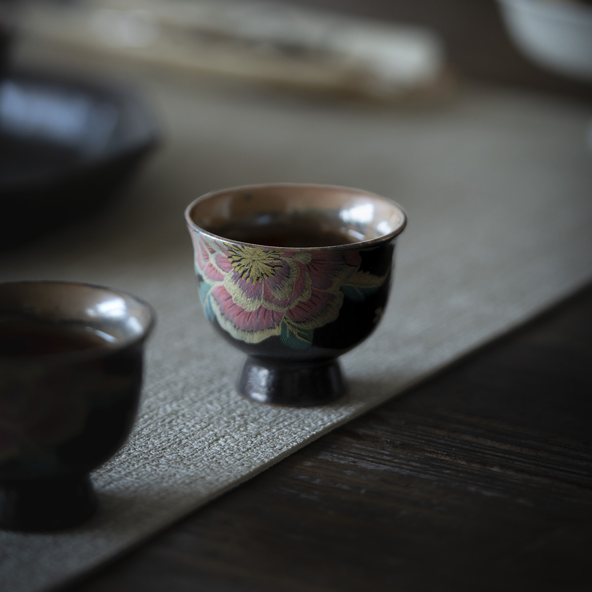 荼梦令志野烧牡丹花缂丝高足小鸡心杯功夫茶具品茗杯单杯