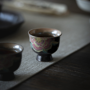 荼梦令志野烧牡丹花缂丝高足小鸡心杯功夫茶具品茗杯单杯