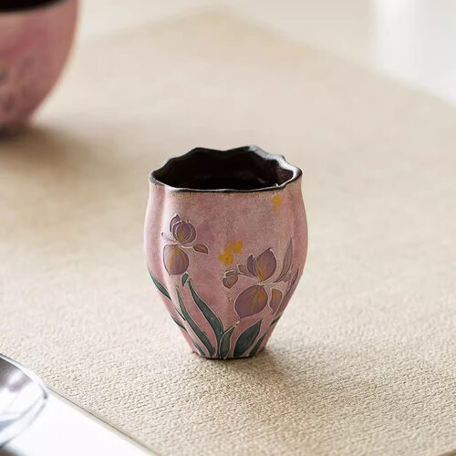 粗陶手绘鸢尾花花口主人杯陶瓷杯家用茶杯单杯品茗杯个人功夫茶具