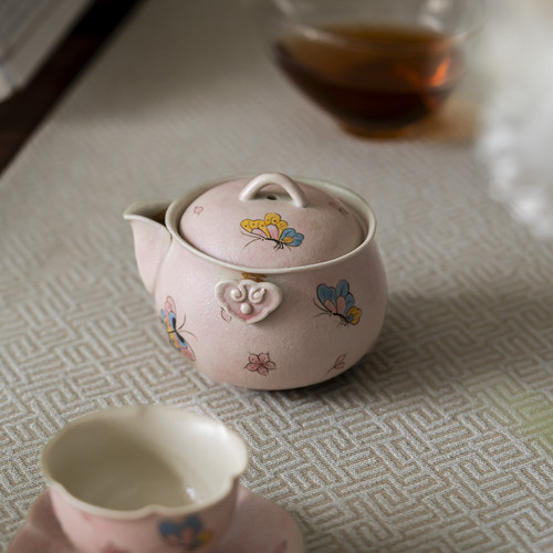 焦糖釉手绘蝶绕粉黛布袋手抓壶陶瓷泡茶壶家用陶瓷壶功夫茶具