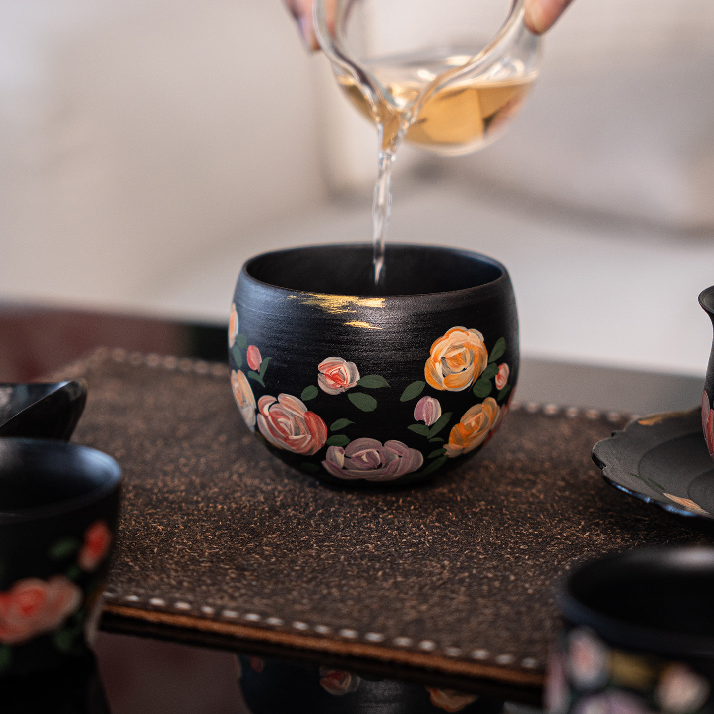 黑陶手绘描金玫瑰花咖啡杯中式复古风典雅古典精致茶杯主人杯
