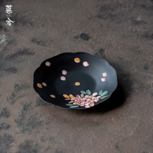 紫藤花陶瓷壶承中式手绘花朵黑陶茶托茶盘茶具配件圆形茶具托盘