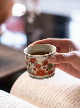 青花粉彩蝶舞直口陶瓷杯新中式精致手绘茶空间主人杯茶杯茶具