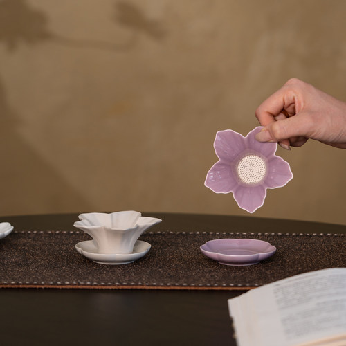 花瓣陶瓷茶滤中式带底托家用功夫茶具配件导茶入壶取茶器泡茶漏
