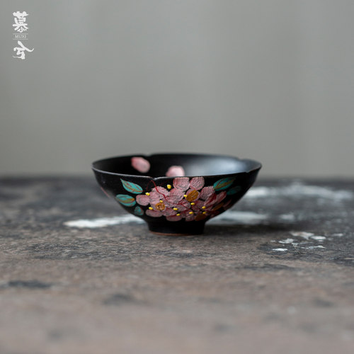 紫藤花黑陶斗笠杯陶瓷茶杯手工彩绘功夫茶具单杯品茗杯茶艺套装