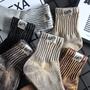 春夏做旧褪色袜子男士 中筒袜女潮流中帮纯棉吸汗透气扎染短筒袜潮
