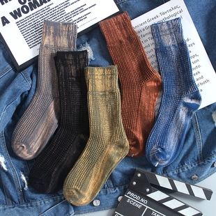 春秋袜子男中筒袜潮流工装 风复古做旧褪色华夫格纯棉加厚长筒袜子