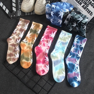 扎染枫叶袜子男长筒袜秋冬纯棉加厚毛巾底美式 街头滑板篮球长袜