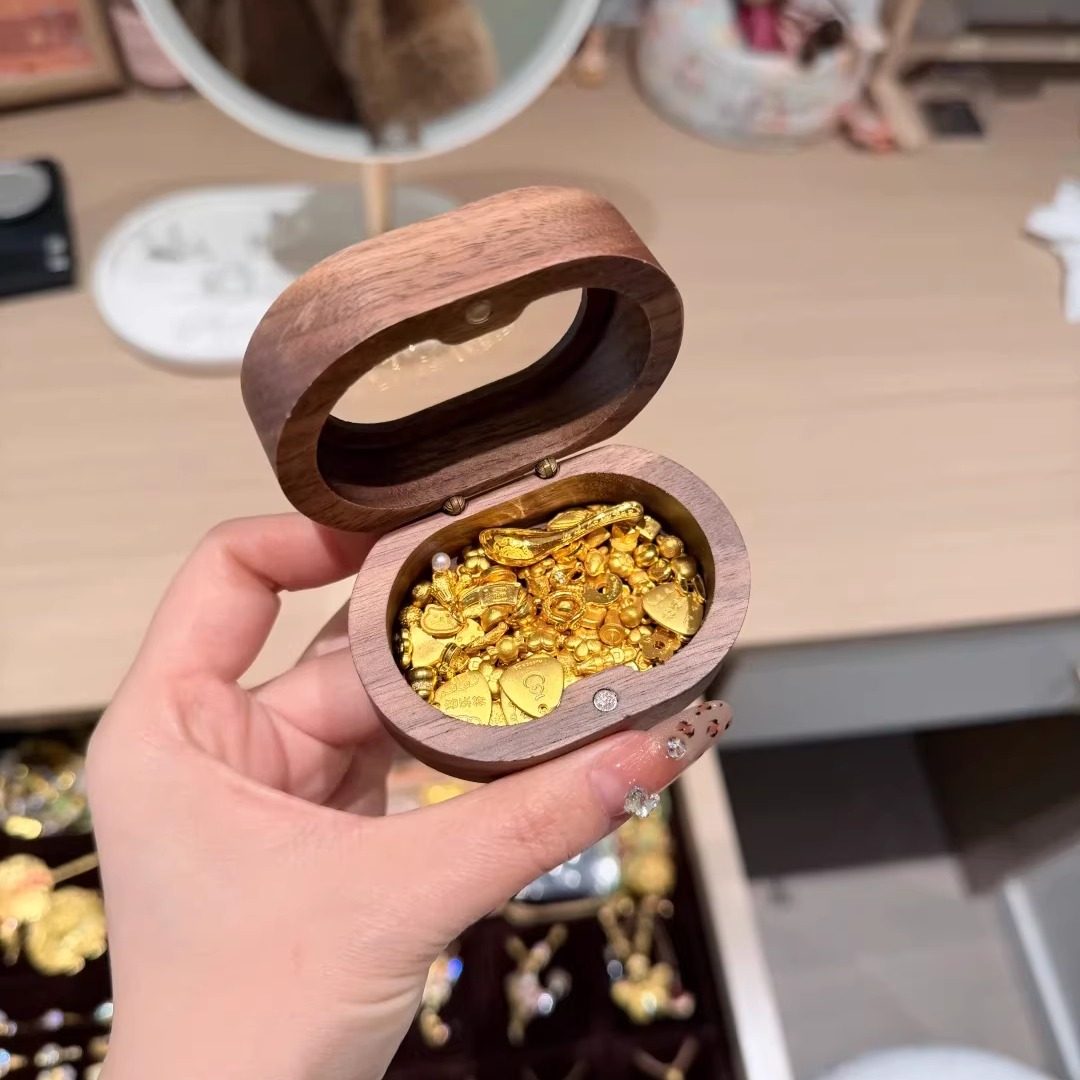 小金豆豆收纳盒桌面复古木质黄金首饰盒带盖防尘开窗金条展示盒子