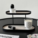 高级感香水置物架桌面双层铁艺皮革化妆品收纳架玄关香薰蜡烛托盘