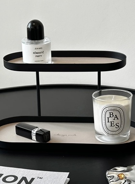 高级感香水置物架桌面双层铁艺皮革化妆品收纳架玄关香薰蜡烛托盘