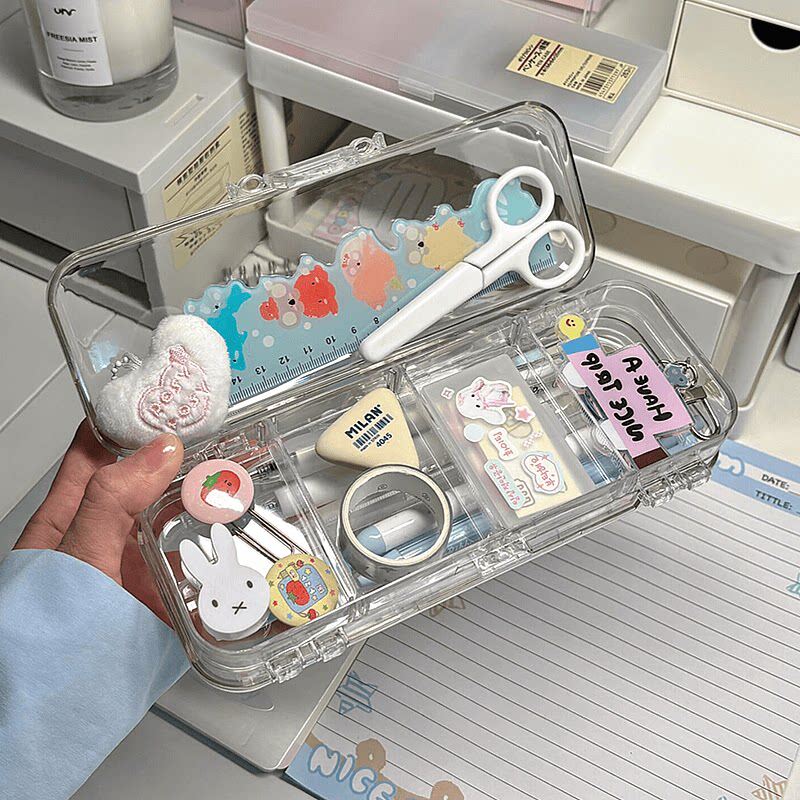 透明文具盒女孩新款ins风高颜值大容量双层简约三折叠塑料笔袋