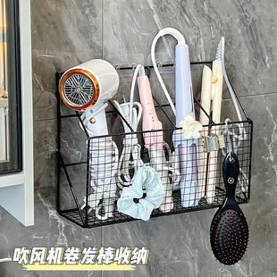 壁挂卷发棒收纳架家用吹风机直板夹置物架免打孔分区铁艺夹板支架