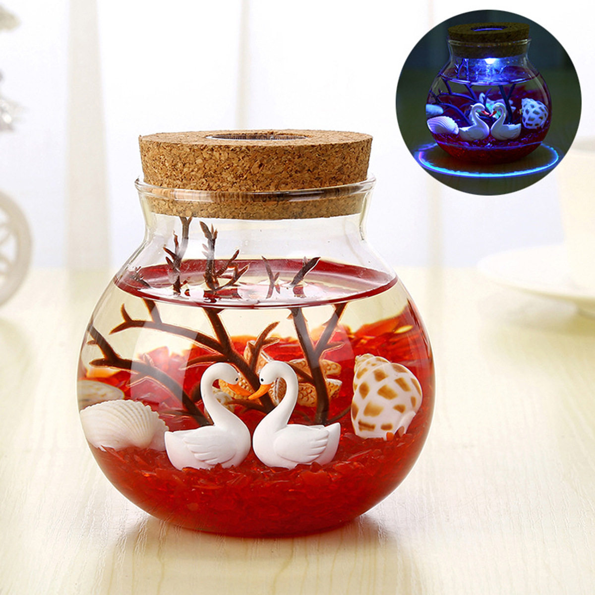 조류 공 마이크로 풍경 생태 병 빛 거북이 백조 장식 DIY 장식품 유리 병 물고기 탱크 치유 선물