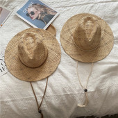 新款 小网格手工透气拉菲草帽子女夏天度假风遮阳帽可斜挎拍照帽子