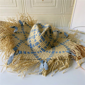 2023新款 长流苏毛边撞色大檐草帽女夏天海边穿搭度假沙滩帽防晒潮