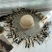 夏季 大帽檐草编长毛边草帽女沙滩防晒圆顶镂空透气度假遮脸遮阳帽