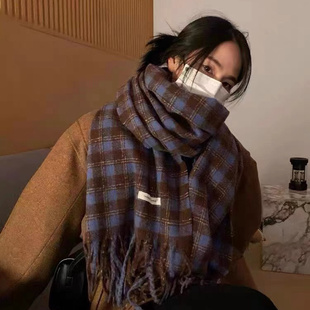 巨显白蓝绿格子围巾女冬季长款复古百搭仿羊绒保暖学生围脖韩版潮