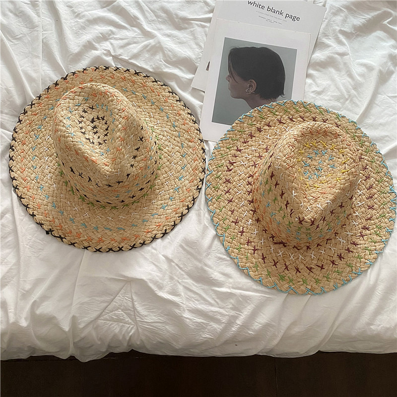 手工彩色草编拉菲草帽子女款穿搭